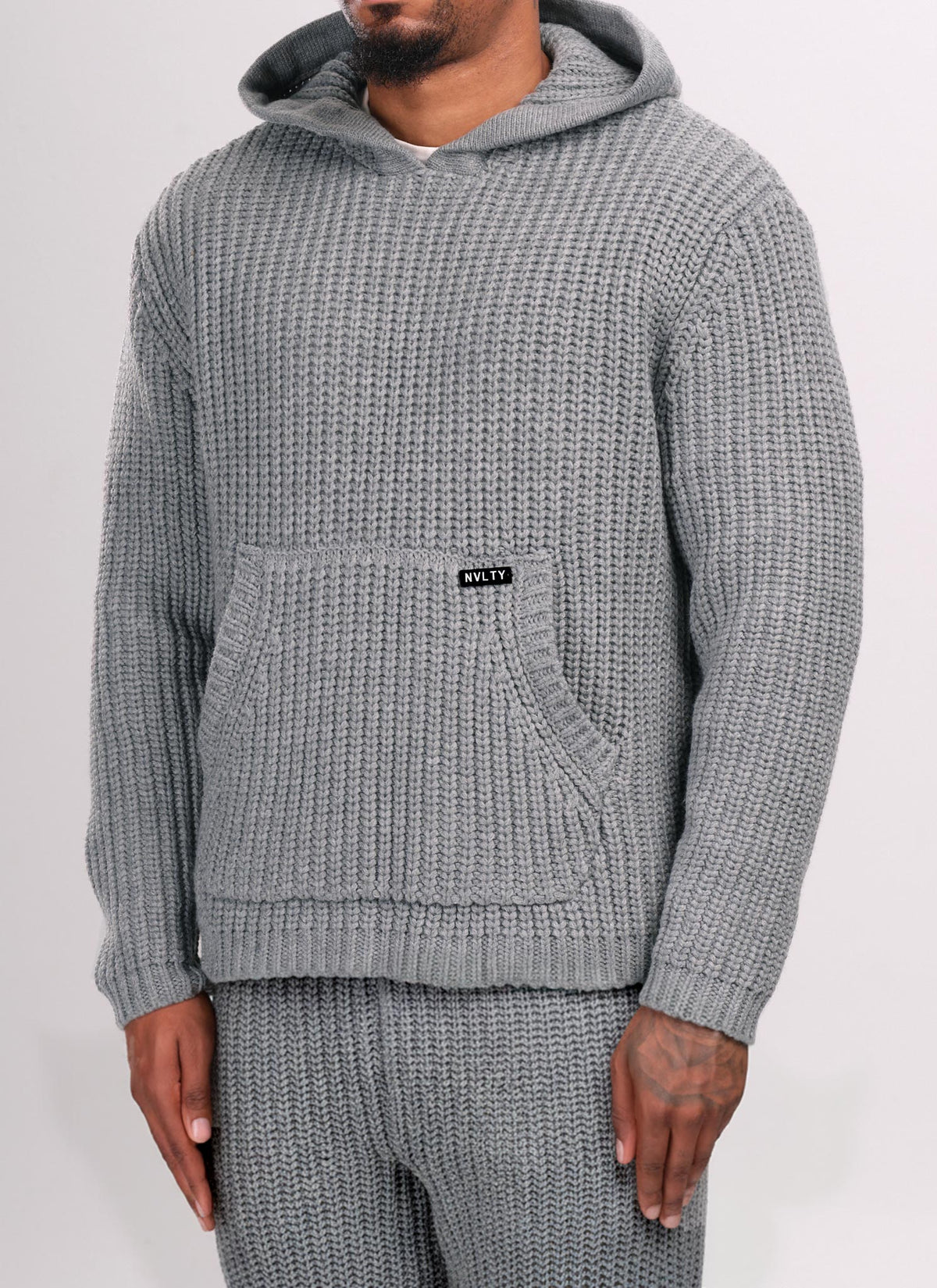 Schwerer Strick-Hoodie - Grau