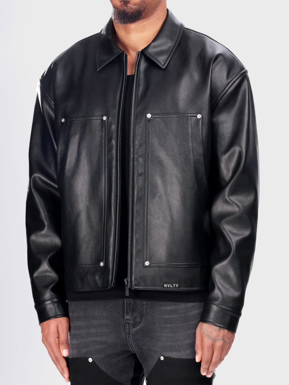 Leather Carpenter Rivet Jacket - Black
