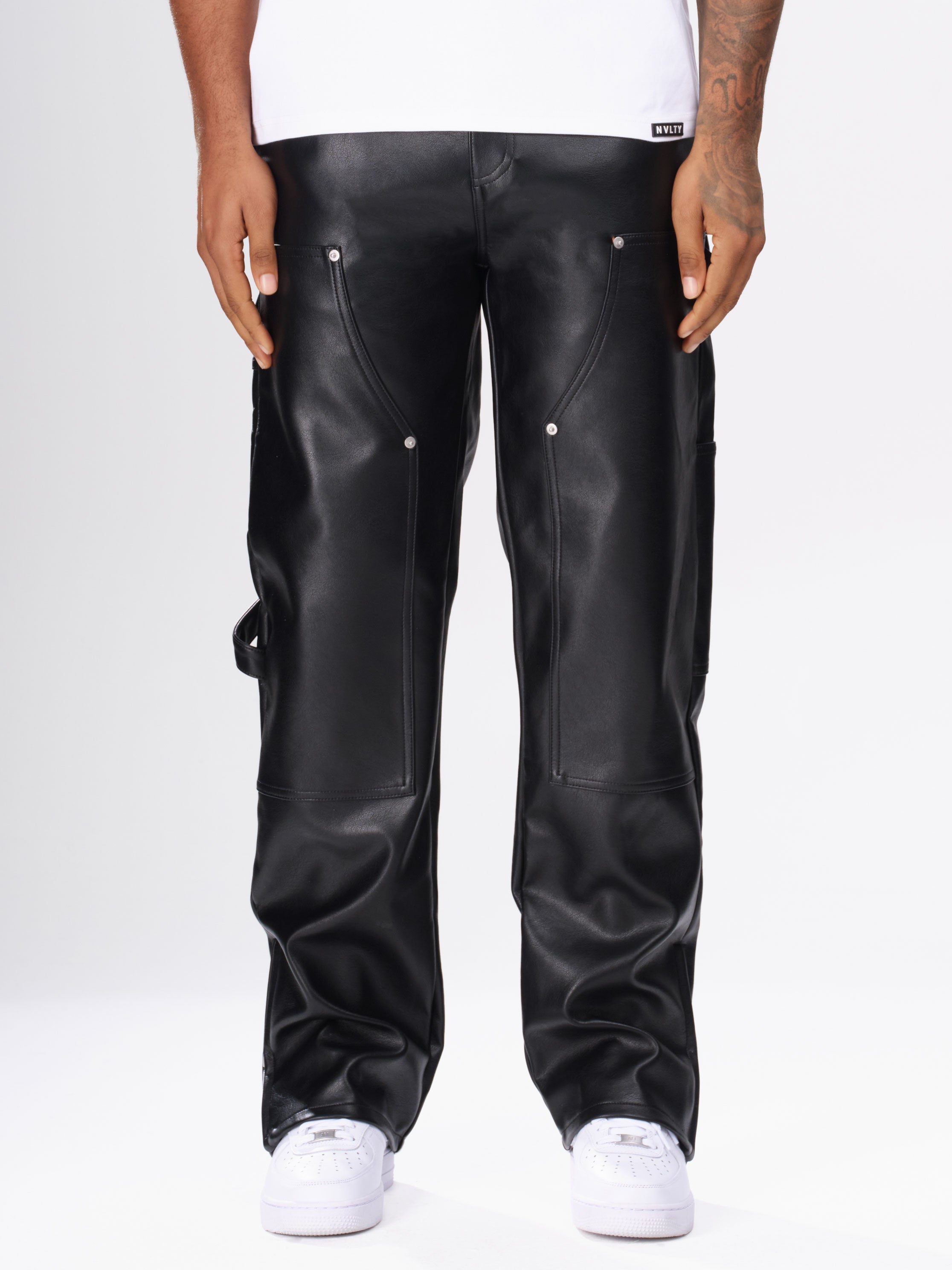 Leather Carpenter Rivet Pants - Black
