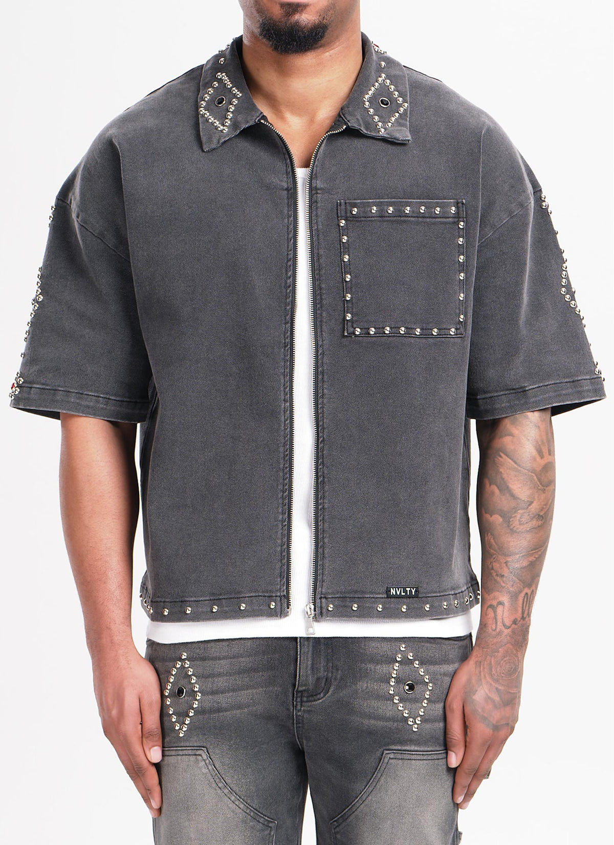Vintage Studded Denim Shirt - Black