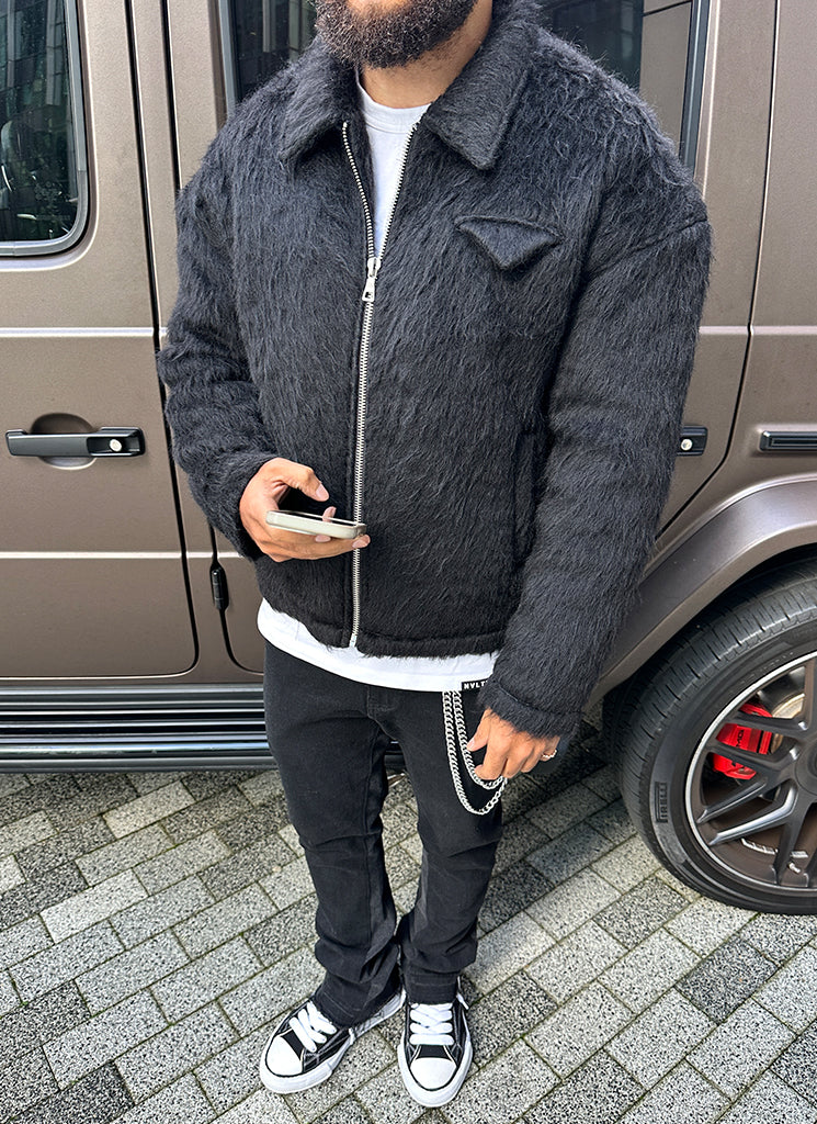 Mohair-Reißverschlussjacke - Schwarz