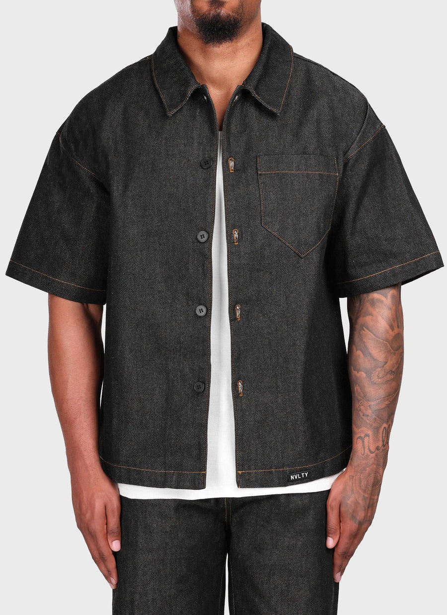 Strukturiertes Selvedge-Jeanshemd - Schwarz