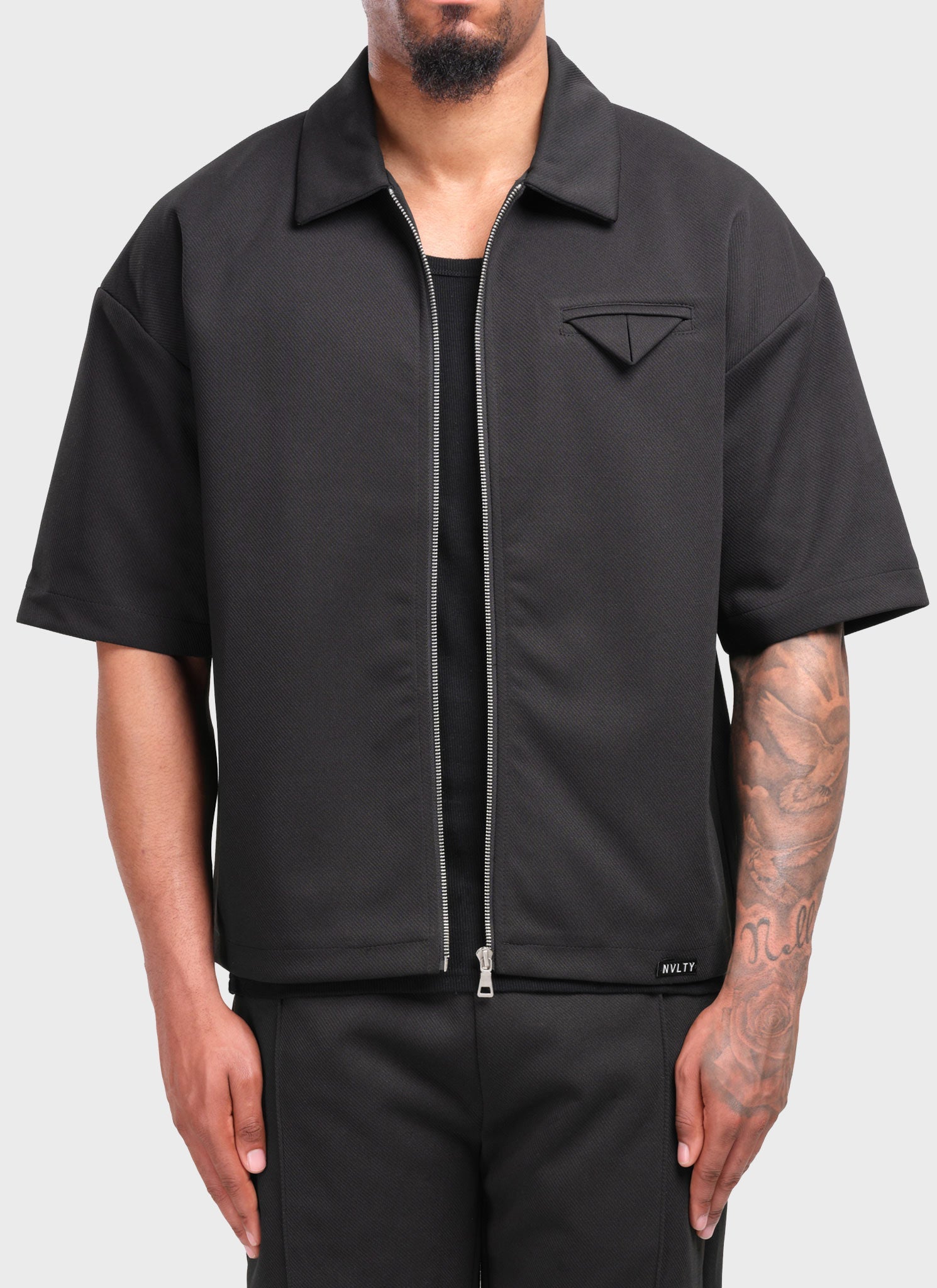 Twill-Hemd mit Einstecktuch - Schwarz