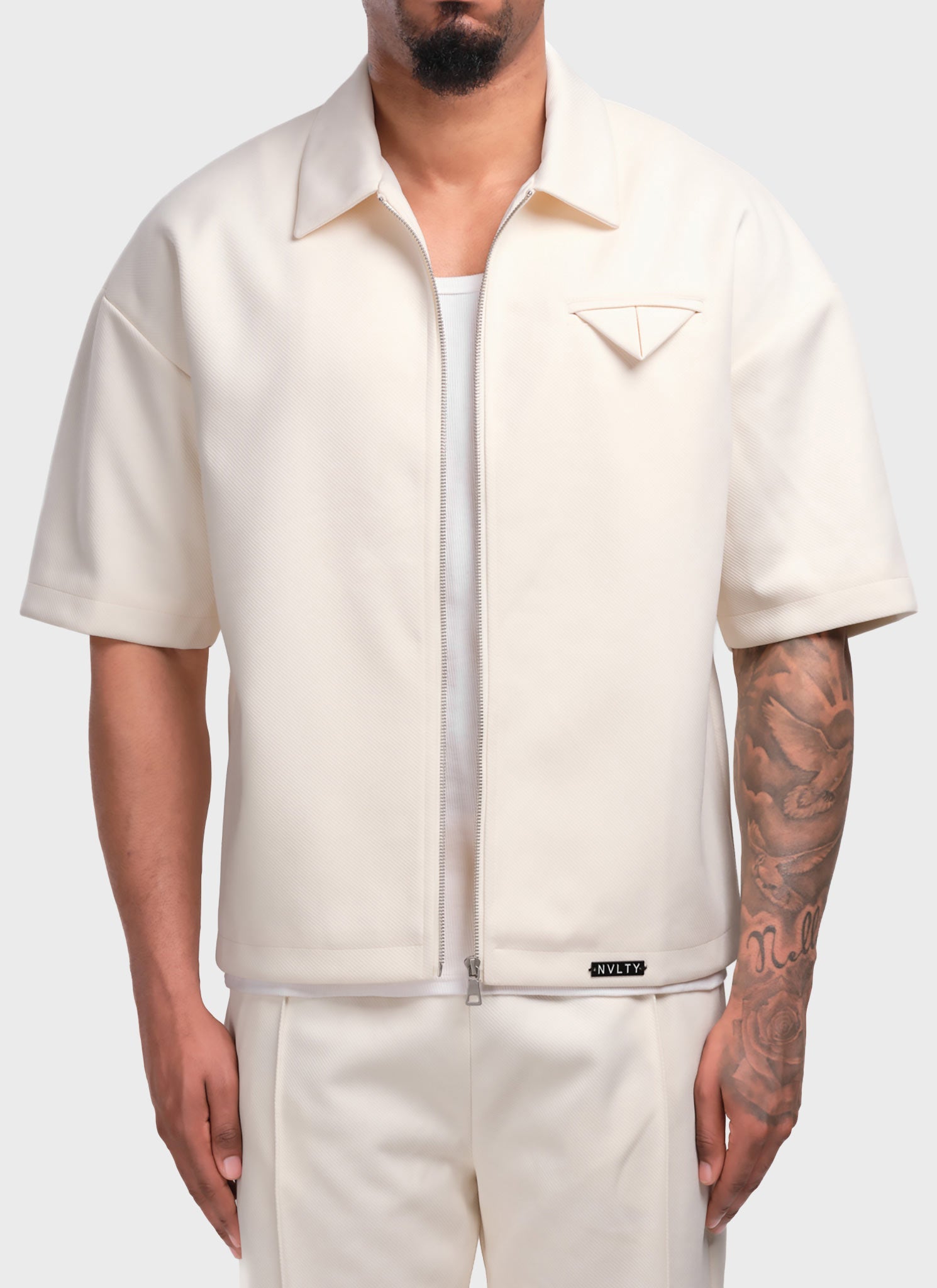 Twill-Hemd mit Einstecktuch - Elfenbein
