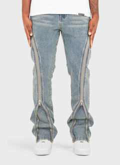 Vintage Flare Zipper Jeans - Blau