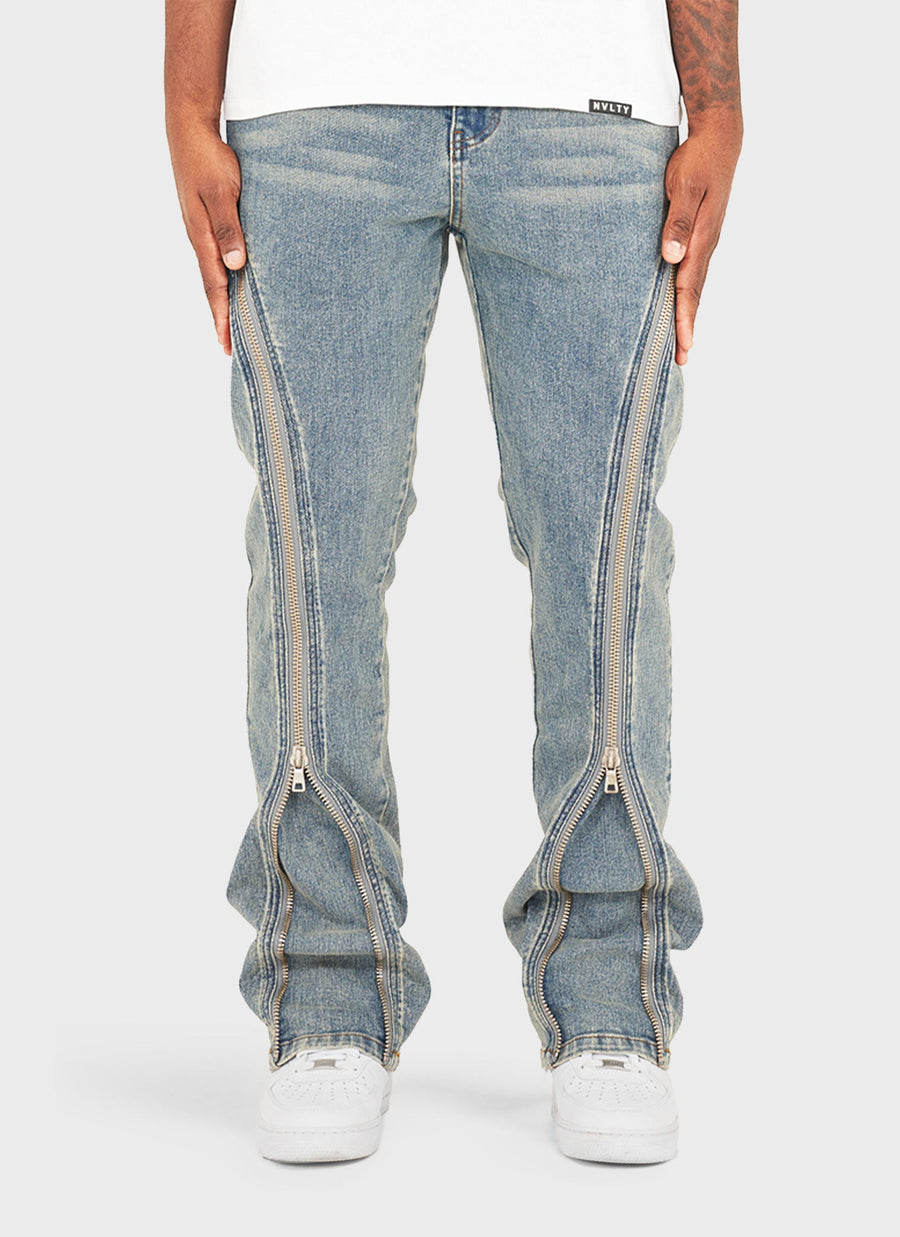 Vintage Flare Zipper Jeans - Blau