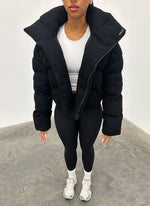 Knit Shawl Collar Puffer Jacket - Black