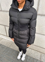 Long Cinched Waist Puffer Jacket - Black