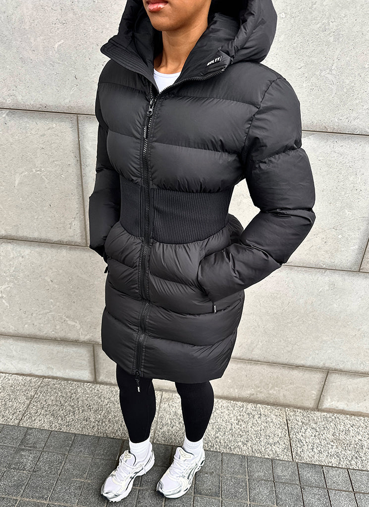 Long Cinched Waist Puffer Jacket - Black