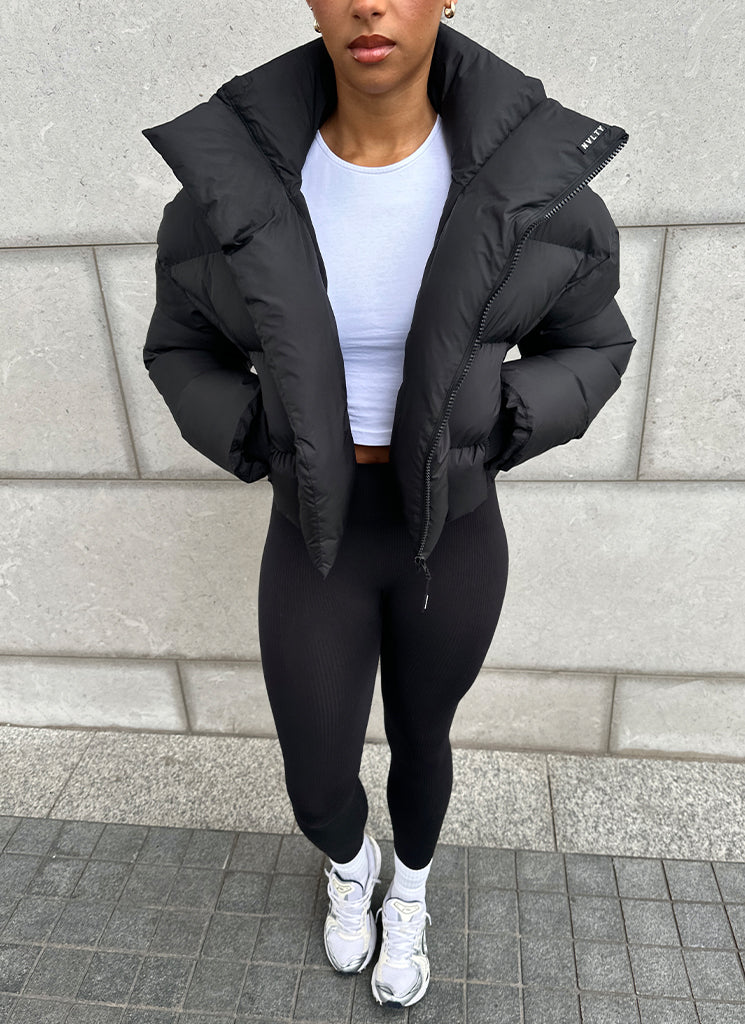 Vintage Pufferjacke mit Schalkragen - Schwarz