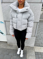 Knit Shawl Collar Puffer Jacket - Grey