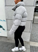 Knit Shawl Collar Puffer Jacket - Grey