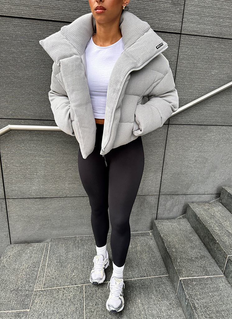 Knit Shawl Collar Puffer Jacket - Grey