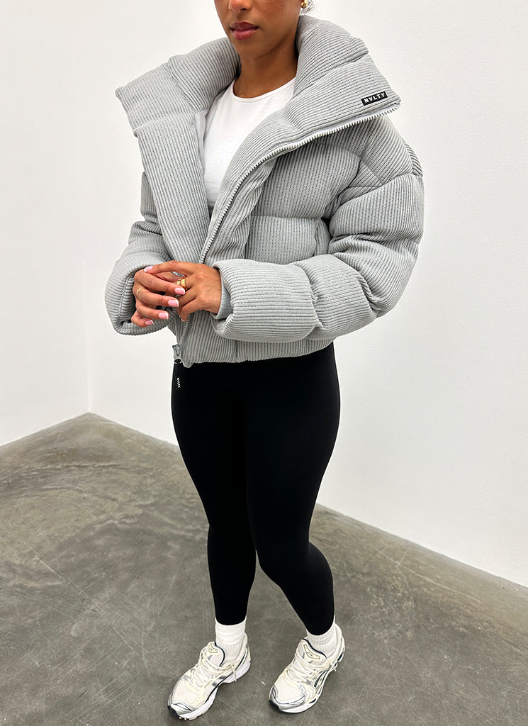 Knit Shawl Collar Puffer Jacket - Grey