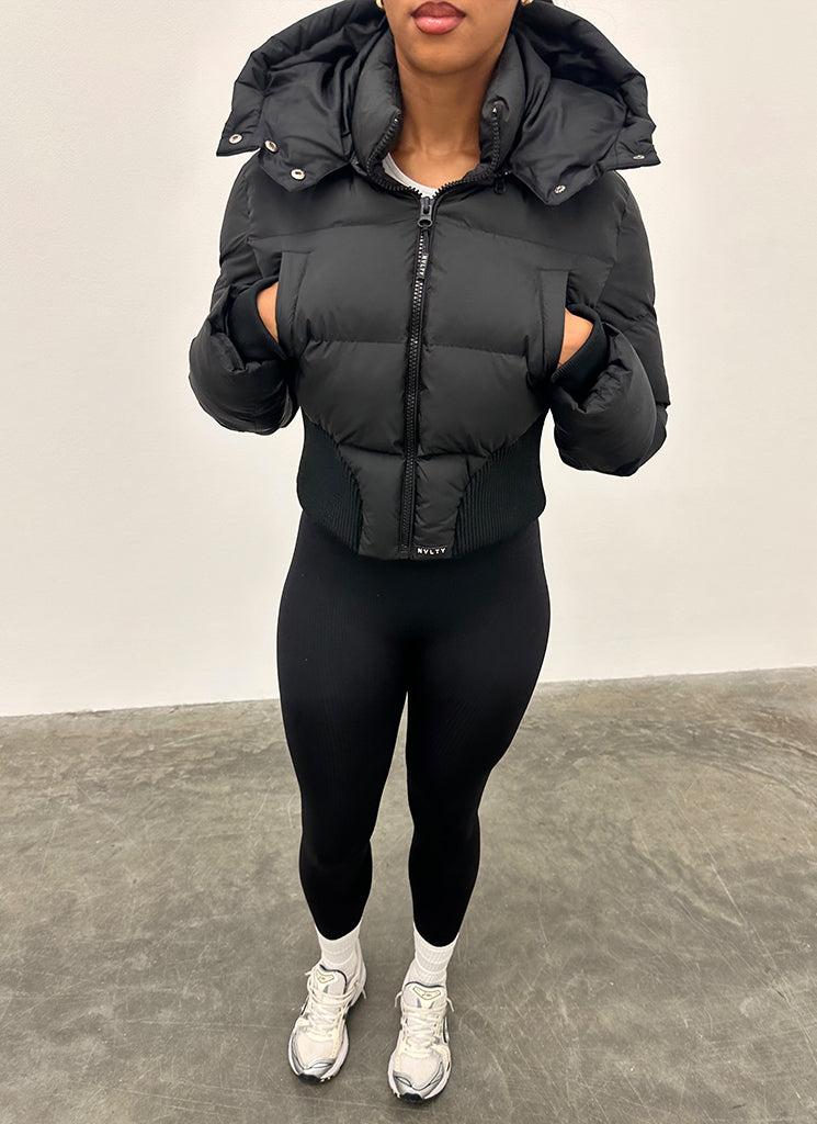 Cinched Waist Puffer Jacket - Black