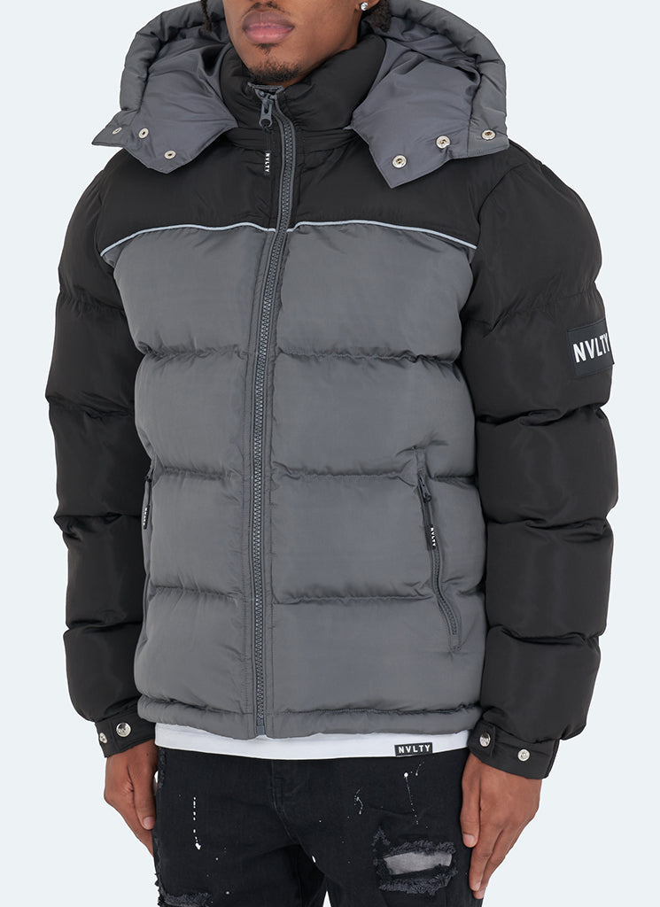 Dual Tone Puffer Jacket - Charcoal Grey/Black