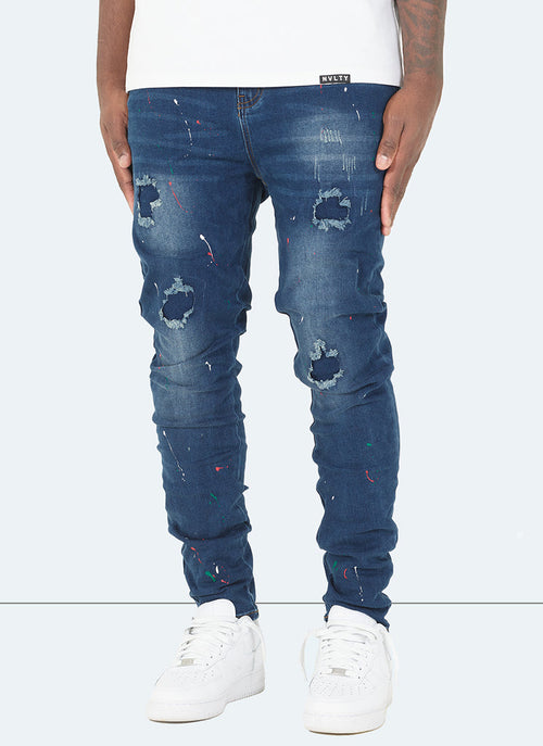 Patchwork Paint Jeans - Dark Blue