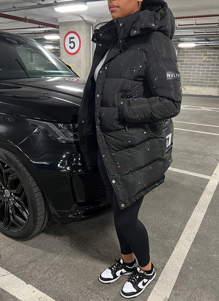 Long Paint Puffer Jacket - Black