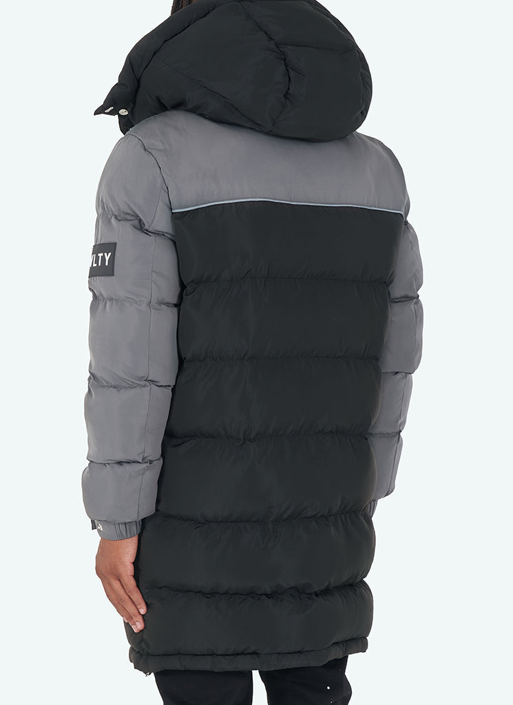 Long Dual Tone Puffer Jacket - Black/Grey