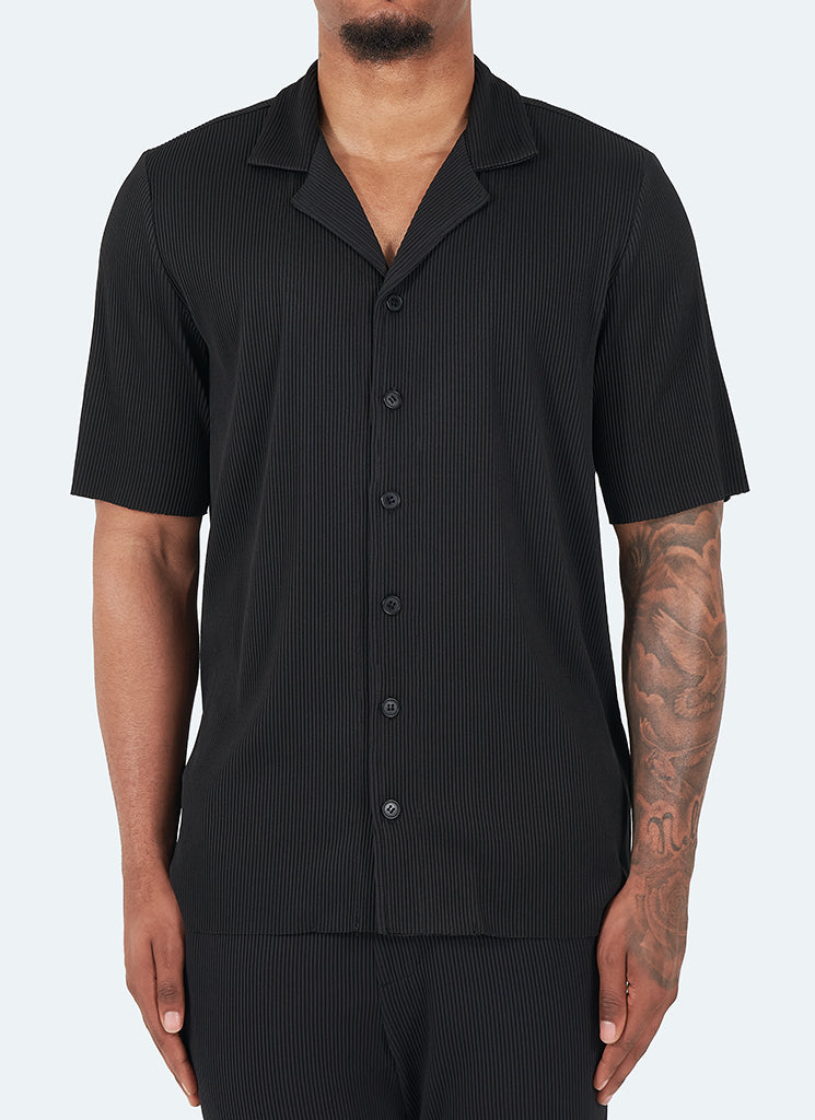 Chemise plissée à col ouvert - Noir
