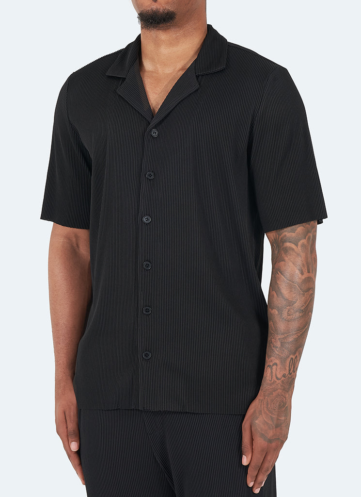 Chemise plissée à col ouvert - Noir