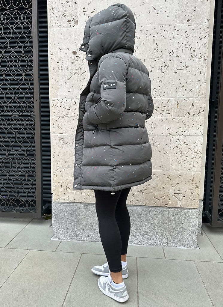 Long Paint Puffer Jacket - Charcoal Grey