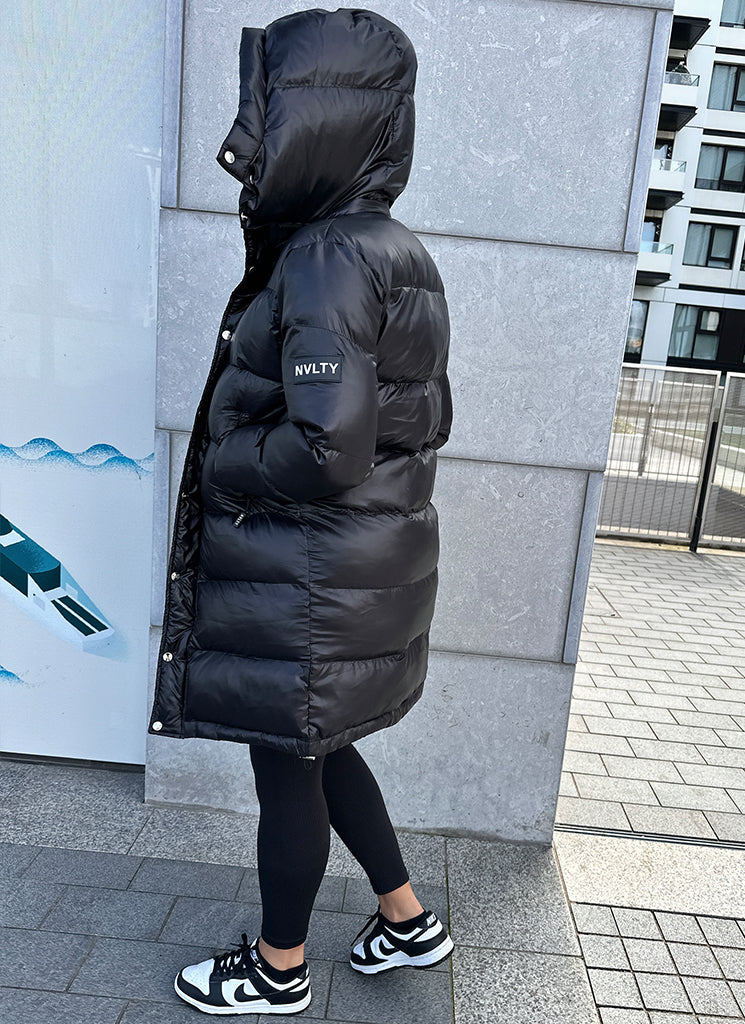 Long Shiny Puffer Jacket - Black