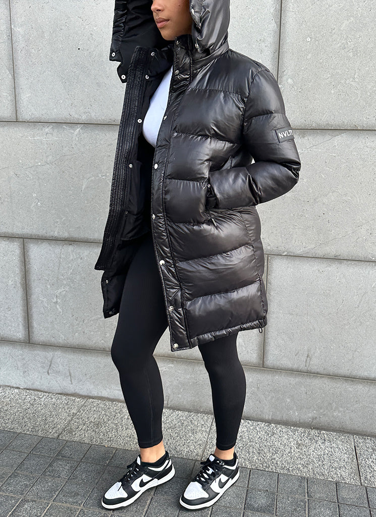 Long Shiny Puffer Jacket - Black